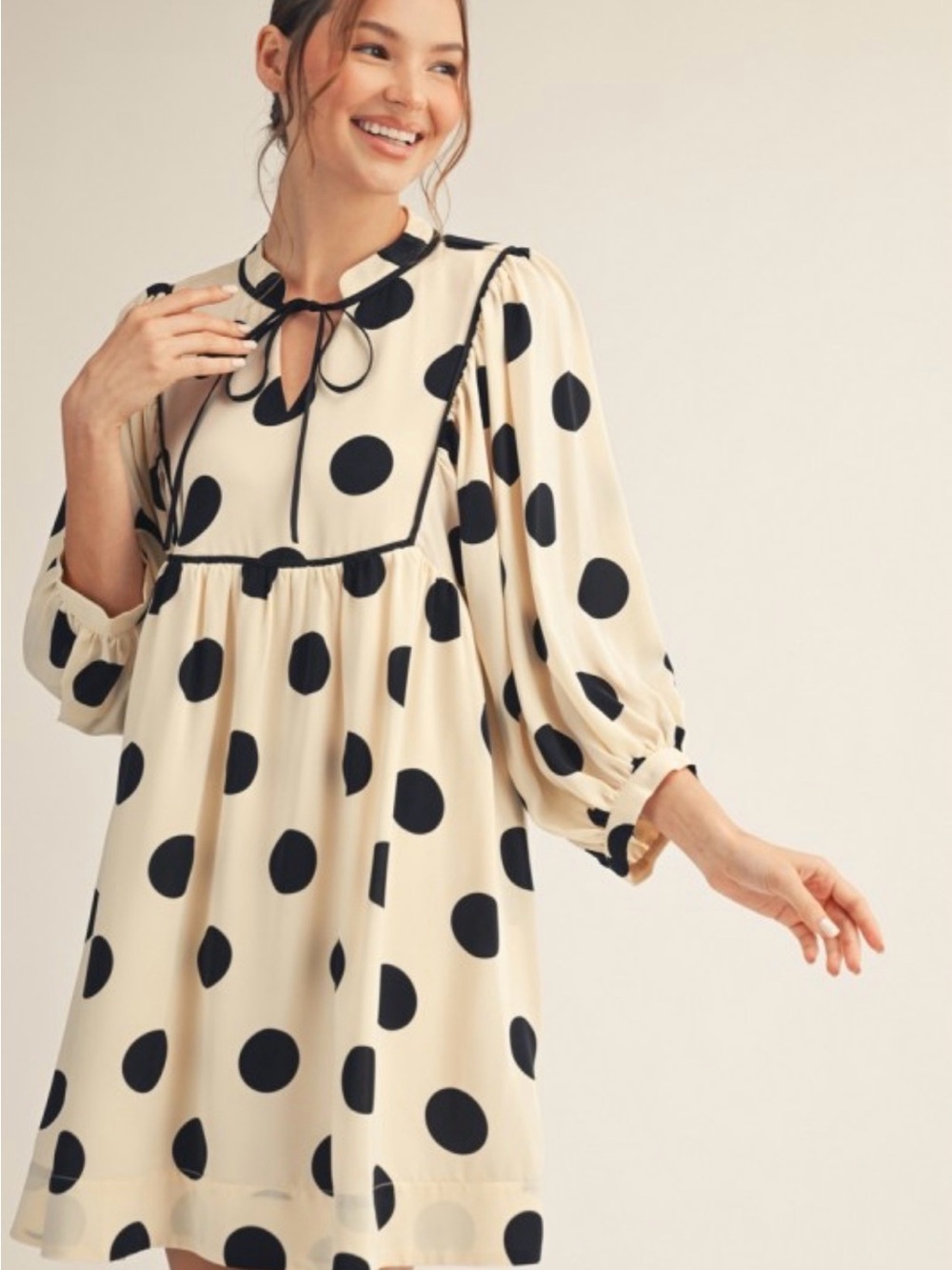 JODIFL Cream and Black Polka Dot Tie-Neck Babydoll Dress